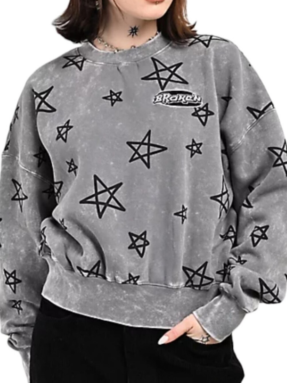 Broken Promises Women's Gray Star Print Crewneck Sweater